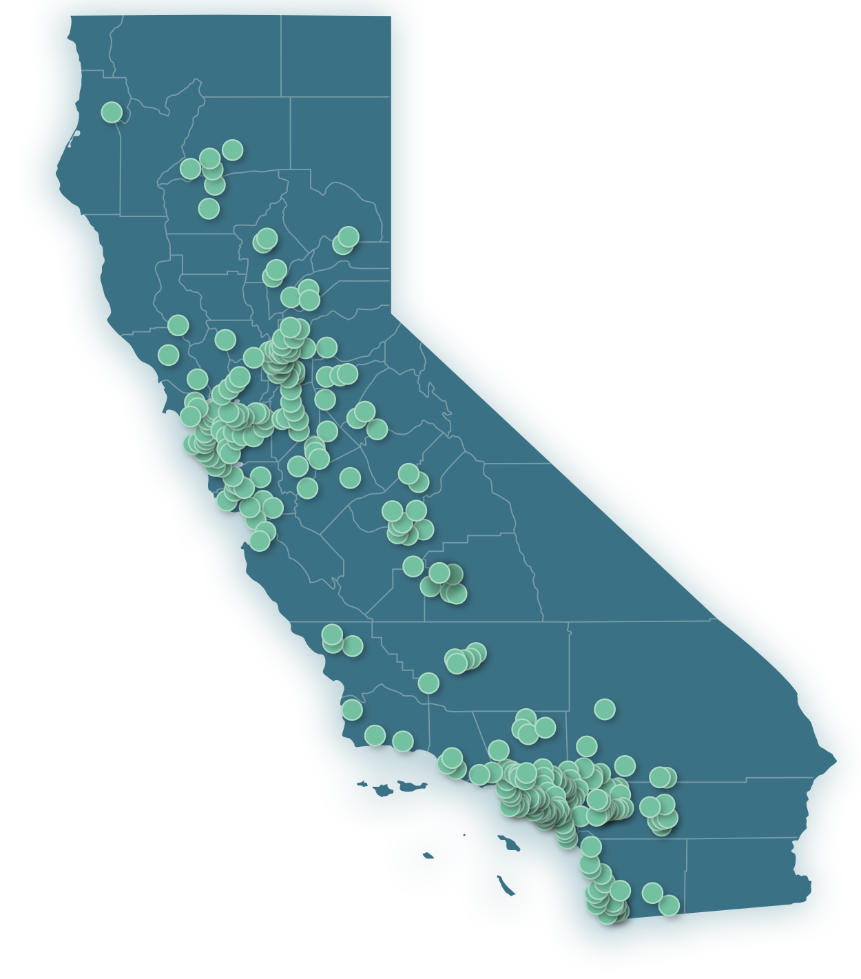 pinpoint map of cases California Mesothelioma has taken on in California