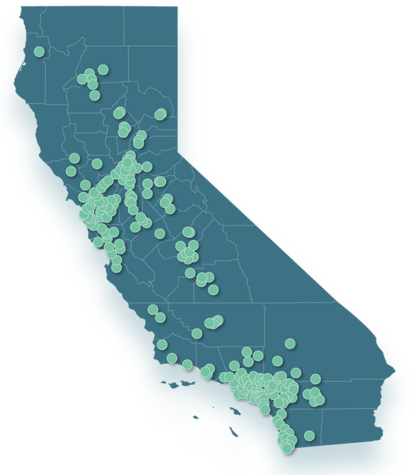 pinpoint map of cases California Mesothelioma has taken on in California